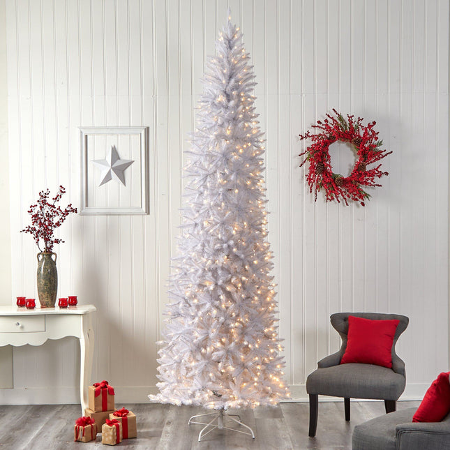 10’ Slim White Artificial Christmas Tree with 800 Warm White LED Lights and 2420 Bendable Branches by Nearly Natural