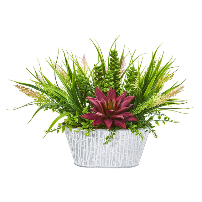 10” Succulent and Grass Artificial Plant in White Tin Planter by Nearly Natural