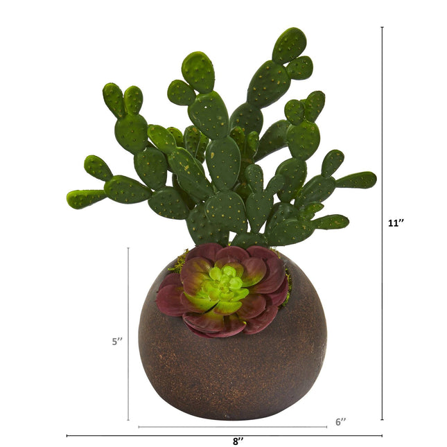 11” Cactus and Echeveria Succulent Artificial Plant in Stone Planter by Nearly Natural