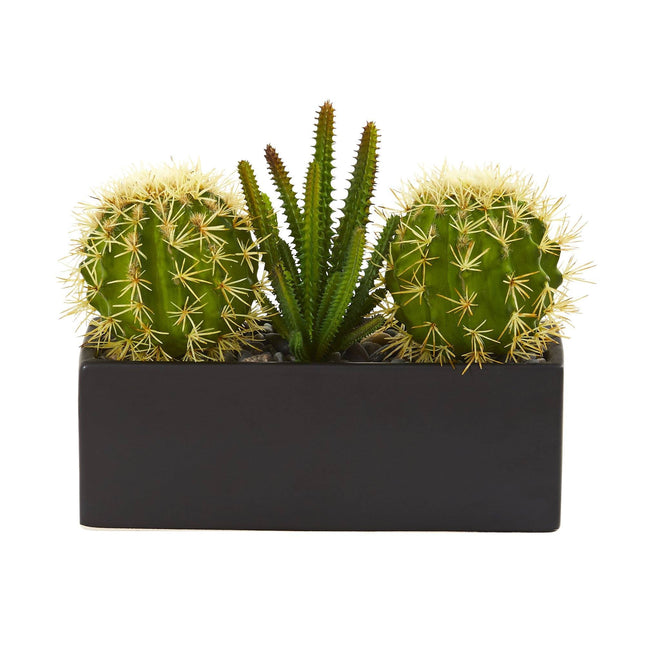 11” Cactus Succulent Artificial Plant in Black Planter by Nearly Natural