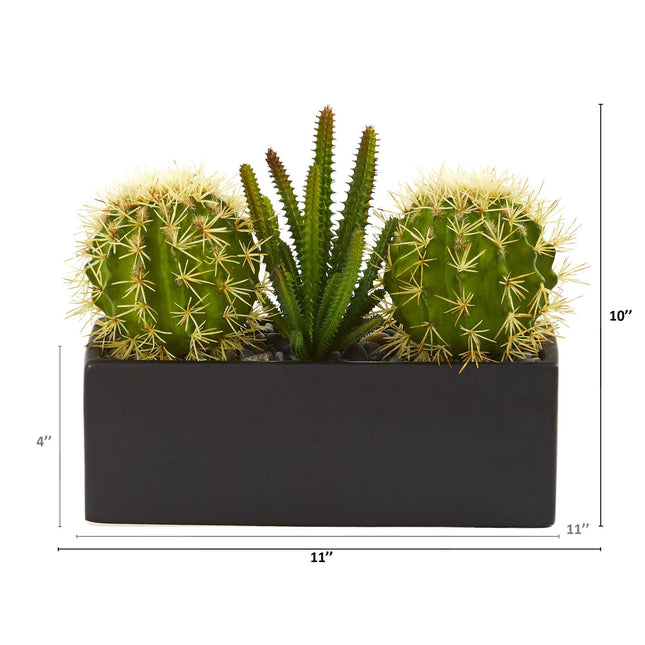 11” Cactus Succulent Artificial Plant in Black Planter by Nearly Natural