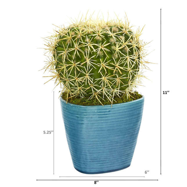 11” Cactus Succulent Artificial Plant in Blue Planter by Nearly Natural