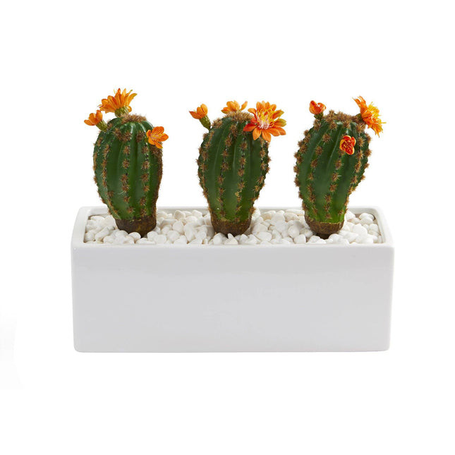 11” Cactus Succulent Artificial Plant in Glazed White Planter by Nearly Natural