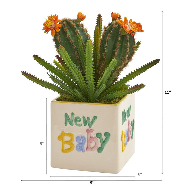 11” Cactus Succulent Artificial Plant in “New Baby” Planter by Nearly Natural