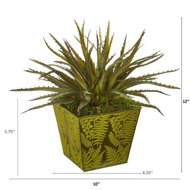 12” Aloe Succulent Artificial Plant in Green Tin Planter by Nearly Natural