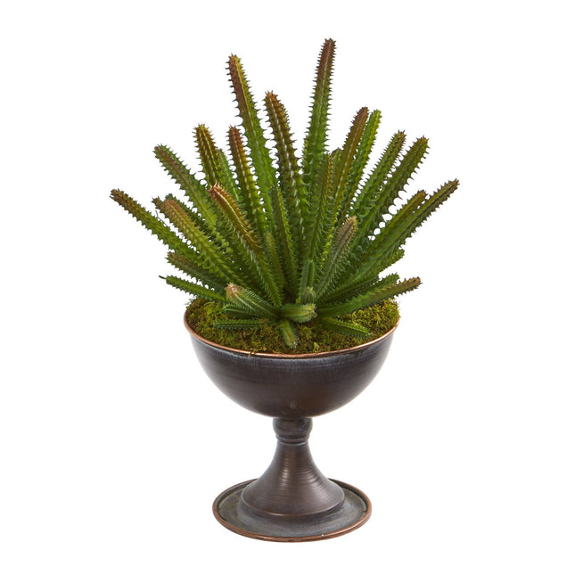 12” Cactus Succulent Artificial Plant in Metal Chalice by Nearly Natural