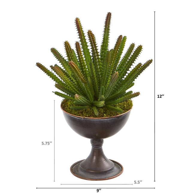 12” Cactus Succulent Artificial Plant in Metal Chalice by Nearly Natural