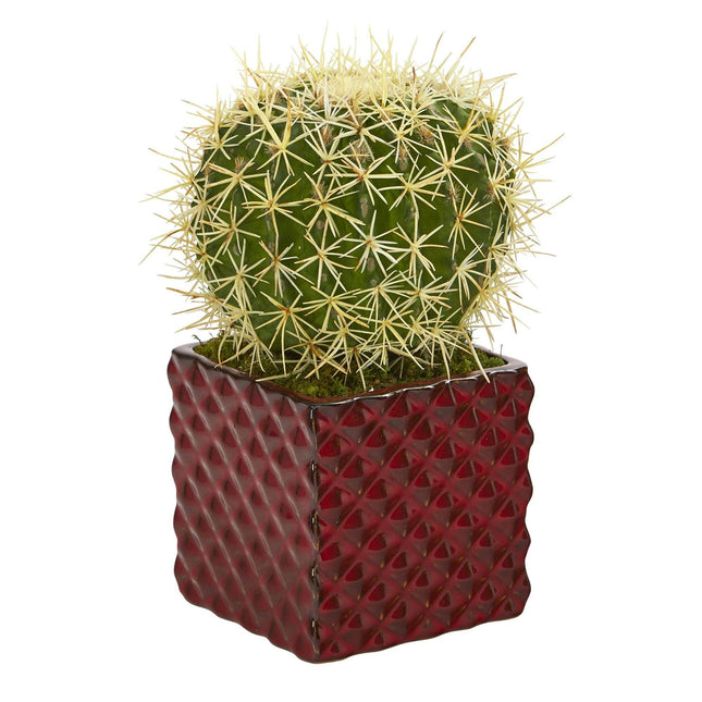 12” Cactus Succulent Artificial Plant in Red Ceramic Vase by Nearly Natural