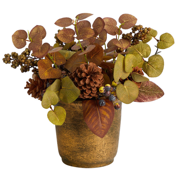 12” Fall Eucalyptus, Pinecones and Berries Artificial Autumn Arrangement in Decorative Vase by Nearly Natural