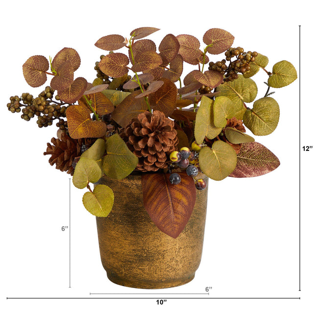 12” Fall Eucalyptus, Pinecones and Berries Artificial Autumn Arrangement in Decorative Vase by Nearly Natural