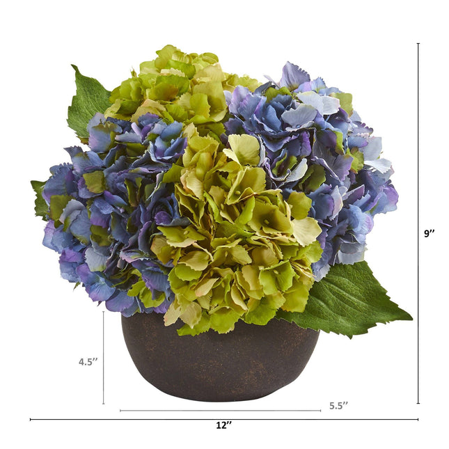 12” Hydrangea Artificial Arrangement in Stone Brown Vase by Nearly Natural