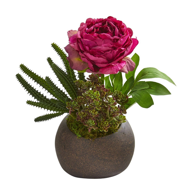 12” Peony and Succulent Artificial Arrangement in Stone Vase by Nearly Natural