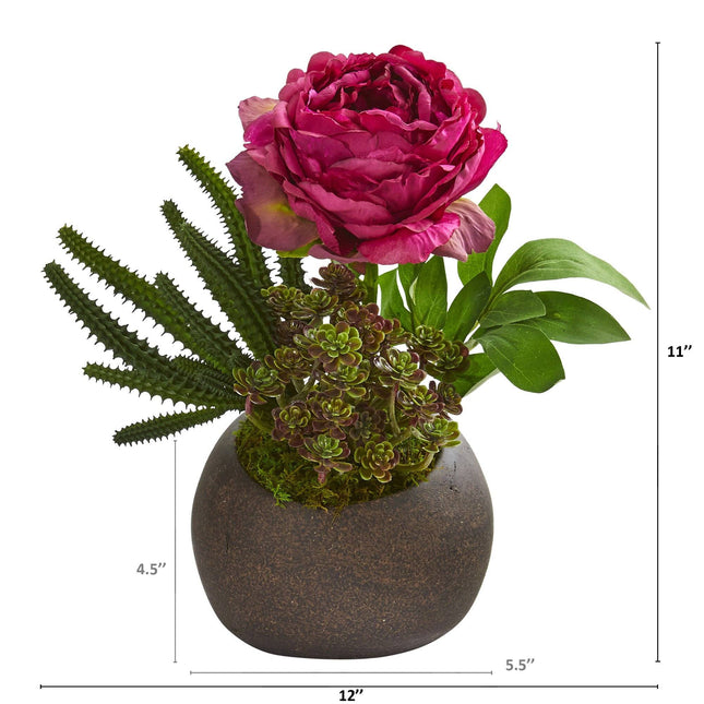 12” Peony and Succulent Artificial Arrangement in Stone Vase by Nearly Natural