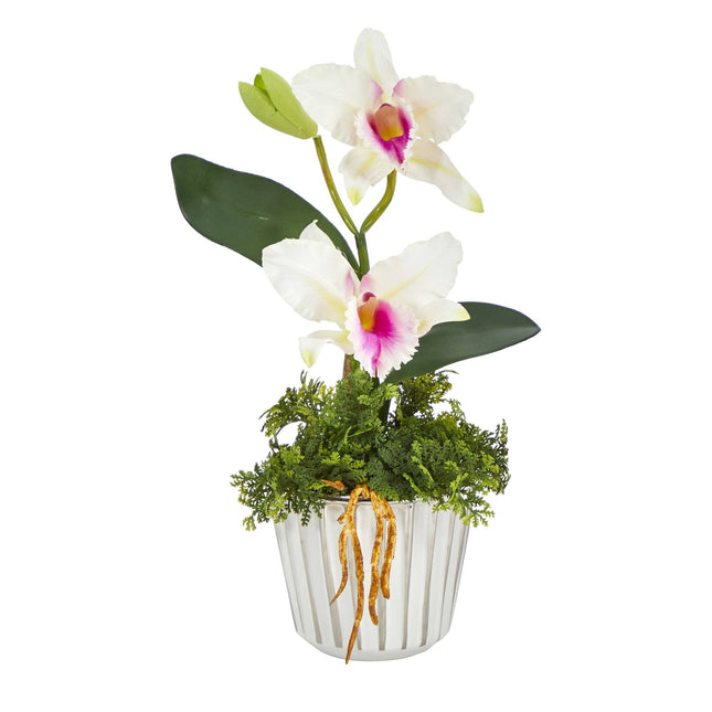 13” Mini Orchid Cattleya Artificial Arrangement in White Vase with Silver Trimming by Nearly Natural
