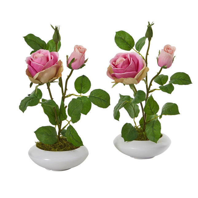 14” Rose Artificial Arrangement in White Vase (Set of 2) by Nearly Natural