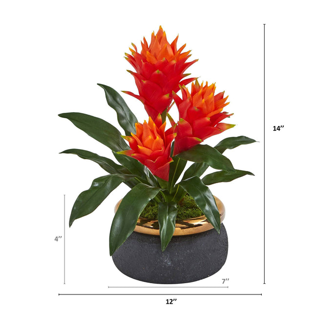 14” Triple Bromeliad Artificial Plant in Stoneware Planter by Nearly Natural
