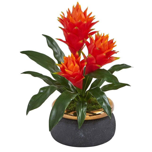 14” Triple Bromeliad Artificial Plant in Stoneware Planter by Nearly Natural