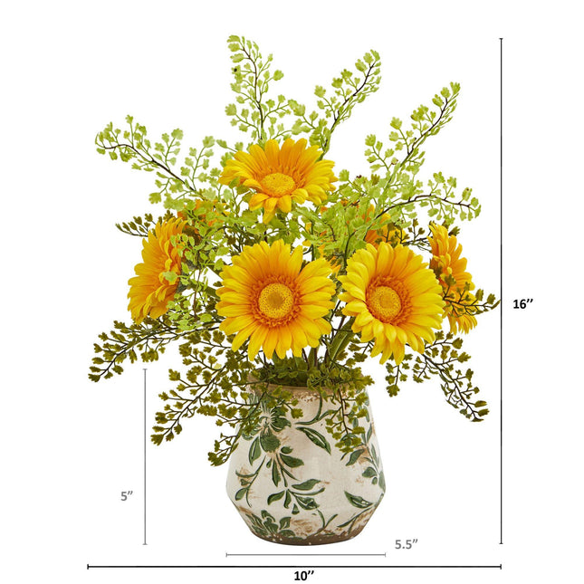 16” Gerber Daisy and Maiden Hair Arrangement in Vase by Nearly Natural