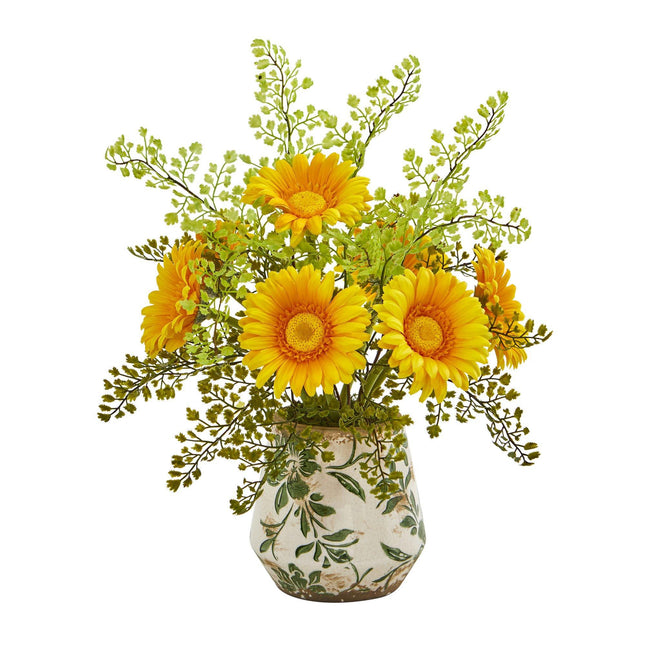 16” Gerber Daisy and Maiden Hair Arrangement in Vase by Nearly Natural
