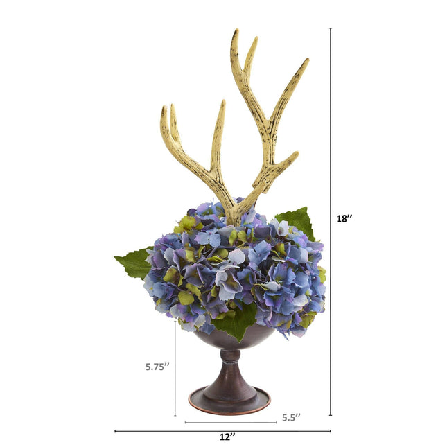 18” Hydrangea and Antlers Artificial Arrangement in Metal Chalice by Nearly Natural