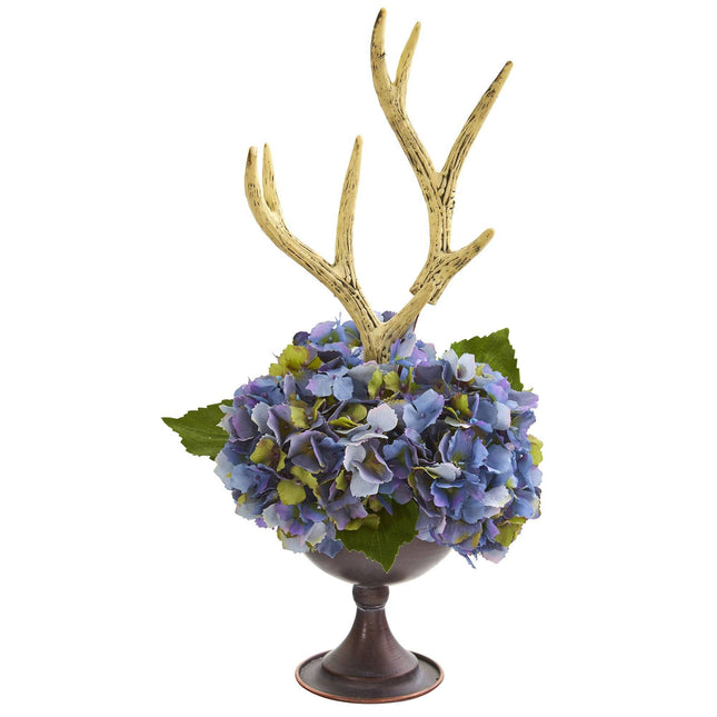 18” Hydrangea and Antlers Artificial Arrangement in Metal Chalice by Nearly Natural