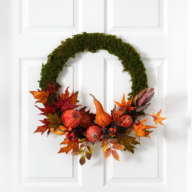 20” Autumn Pumpkin, Gourd and Fall Maple Leaf Artificial Wreath by Nearly Natural