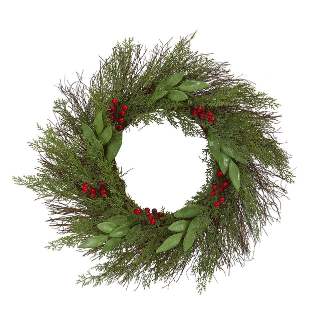 20” Cedar and Ruscus with Berries Artificial Wreath by Nearly Natural