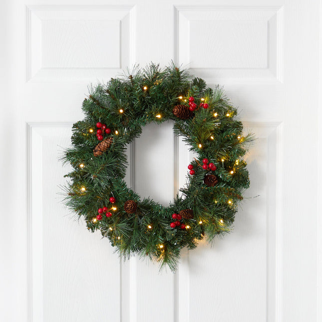 20” Frosted Pine Artificial Christmas Wreath with Pinecones, Berries and 35 Warm White LED Lights by Nearly Natural