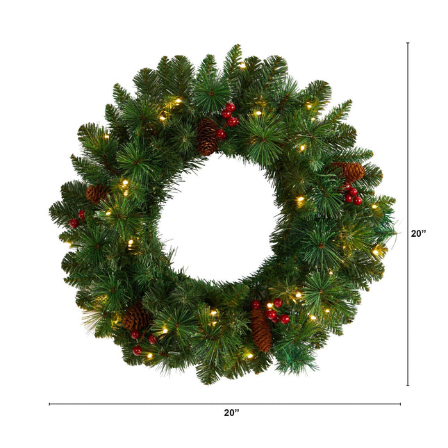 20” Frosted Pine Artificial Christmas Wreath with Pinecones, Berries and 35 Warm White LED Lights by Nearly Natural