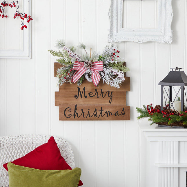 20" Holiday Merry Christmas Door Wall Hanger with Pine and Berries Stripped Bow Wall Art Décor" by Nearly Natural