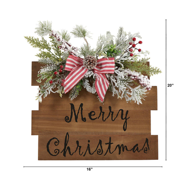 20" Holiday Merry Christmas Door Wall Hanger with Pine and Berries Stripped Bow Wall Art Décor" by Nearly Natural