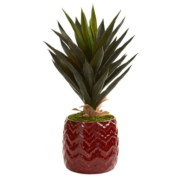 22" Agave Faux Plant in Red Planter by Nearly Natural