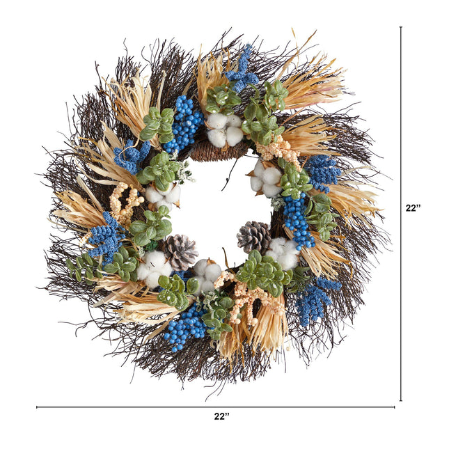 22” Autumn Cotton, Eucalyptus, Berries and Pinecones Artificial Fall Wreath by Nearly Natural