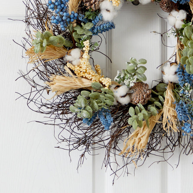 22” Autumn Cotton, Eucalyptus, Berries and Pinecones Artificial Fall Wreath by Nearly Natural