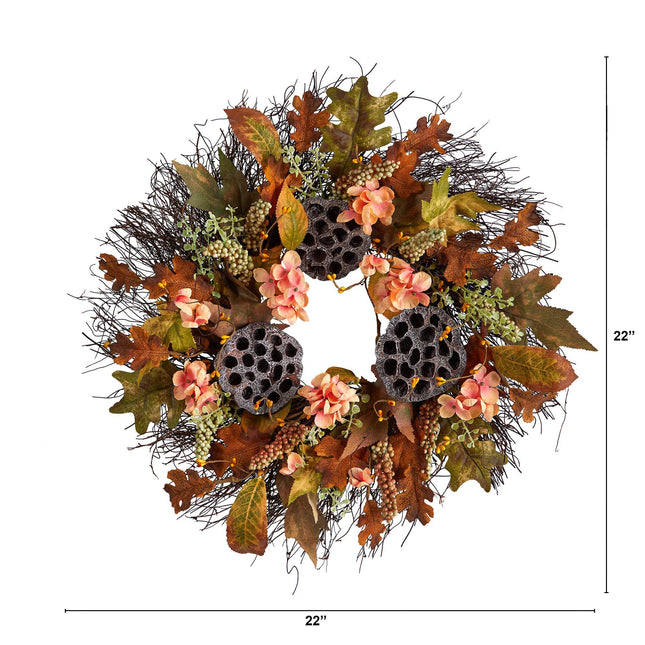 22” Autumn Hydrangea, Dried Lotus Pod Artificial Fall Wreath by Nearly Natural
