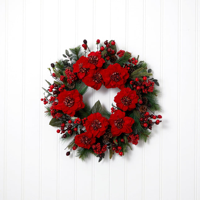 24" Poinsettia Wreath" by Nearly Natural