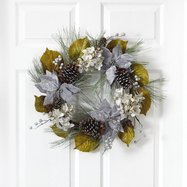 24” Silver Poinsettia, Hydrangea and Pinecones Artificial Christmas Wreath by Nearly Natural