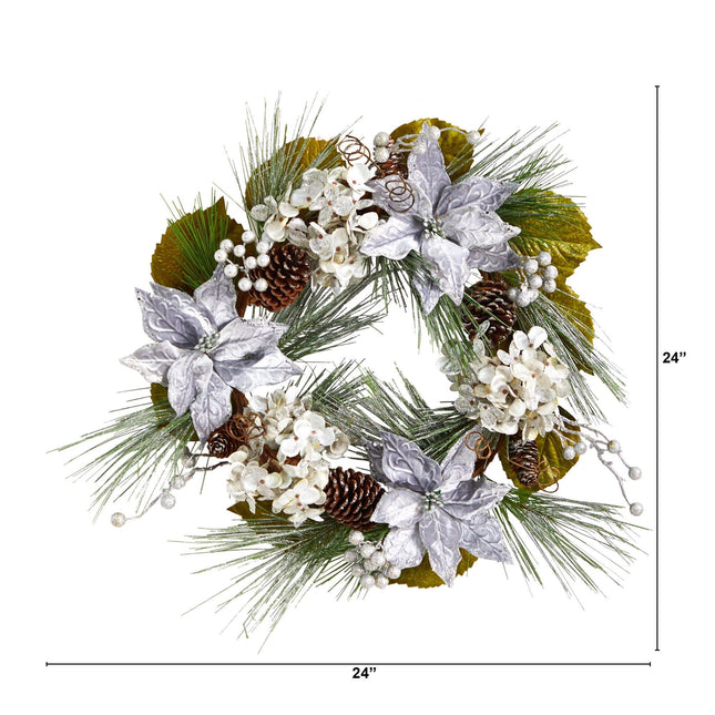 24” Silver Poinsettia, Hydrangea and Pinecones Artificial Christmas Wreath by Nearly Natural