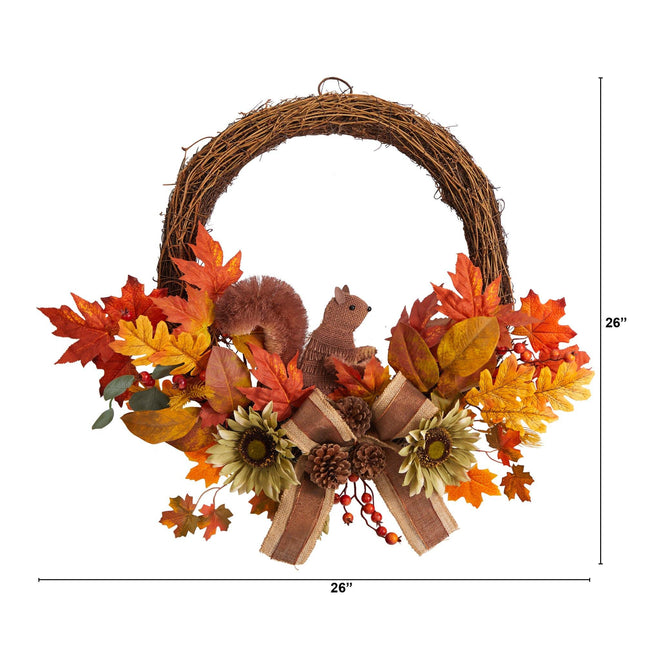 26” Fall Harvest Artificial Autumn Wreath with Twig Base and Squirrel by Nearly Natural