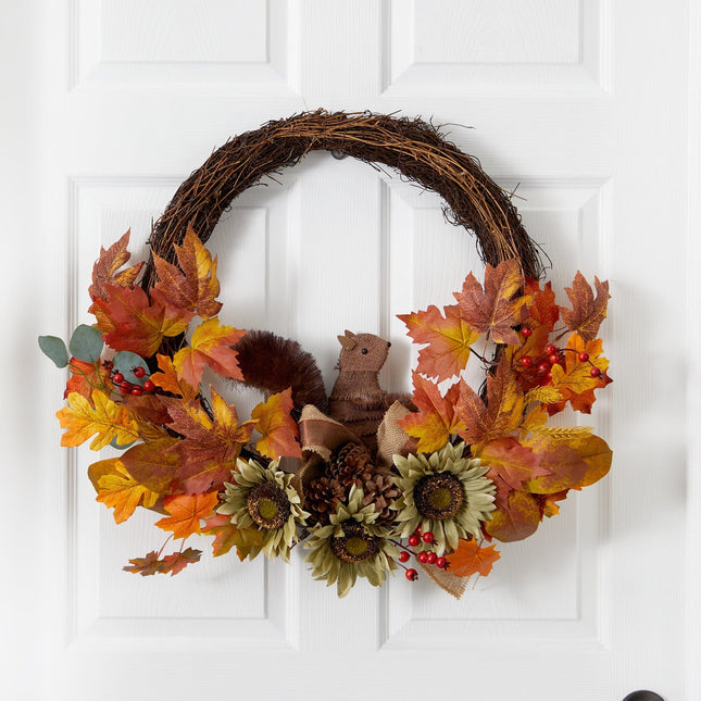 26” Fall Harvest Artificial Autumn Wreath with Twig Base and Squirrel by Nearly Natural