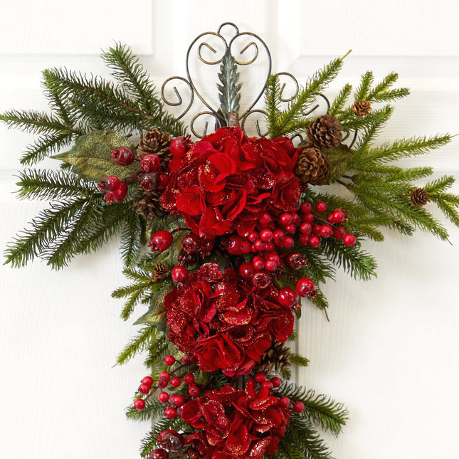 27” Christmas Hydrangea Teardrop by Nearly Natural