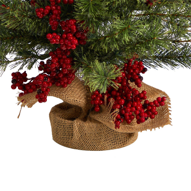 3’ Berry and Pine Artificial Christmas Tree with 50 Warm White Lights and Burlap Wrapped Base by Nearly Natural