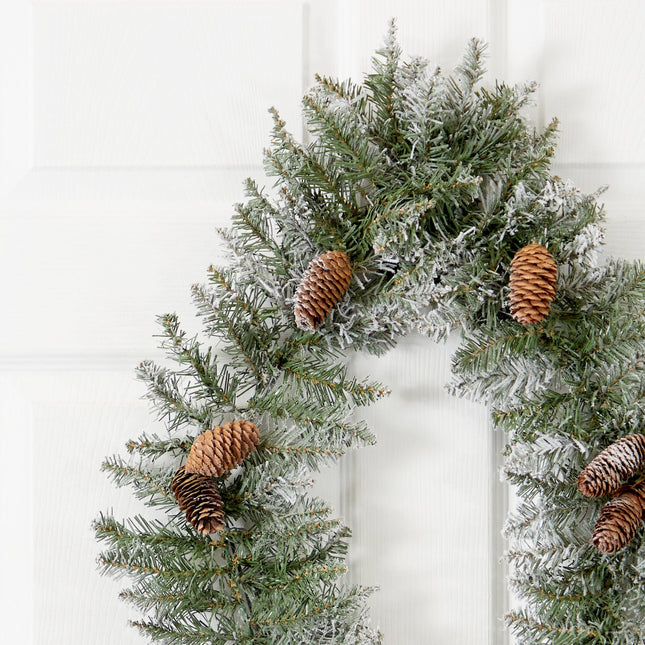 3' Holiday Christmas Geometric Diamond Frosted Wreath with Pinecones and 50 Warm White LED Lights by Nearly Natural