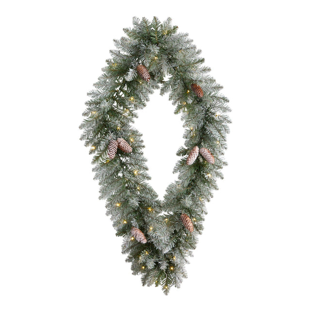 3' Holiday Christmas Geometric Diamond Frosted Wreath with Pinecones and 50 Warm White LED Lights by Nearly Natural
