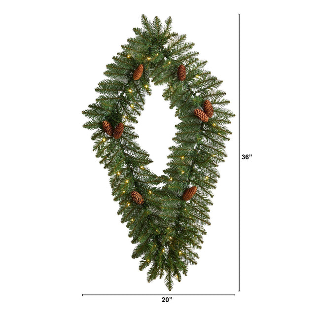 3' Holiday Christmas Geometric Diamond Wreath with Pinecones and 50 Warm White LED Lights by Nearly Natural