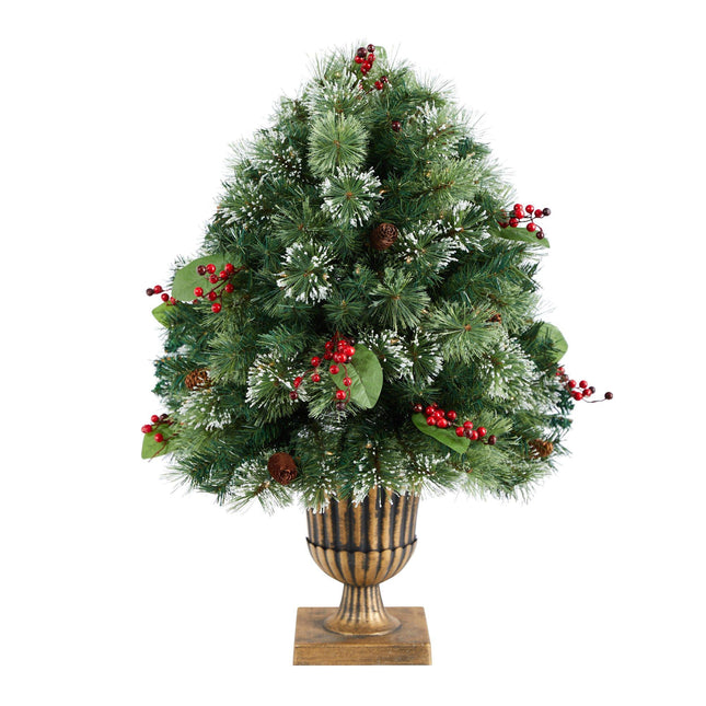 3' Holiday Pre-Lit Snow Tip Greenery, Berries and Pinecones Plant in Urn with 100 LED Lights by Nearly Natural