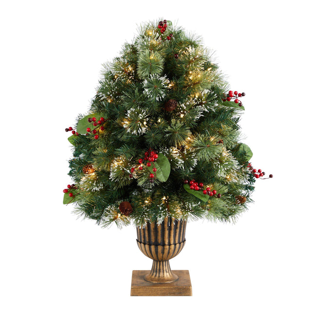 3' Holiday Pre-Lit Snow Tip Greenery, Berries and Pinecones Plant in Urn with 100 LED Lights by Nearly Natural
