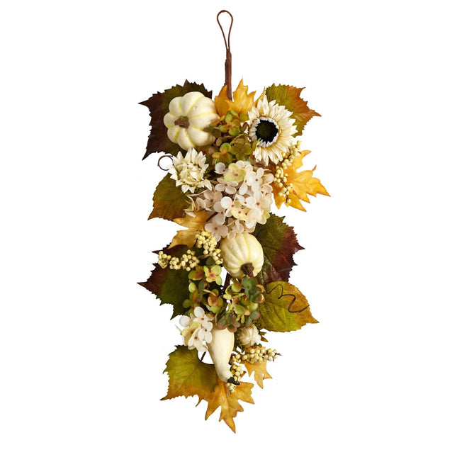 33” Fall Sunflower, Hydrangea and White Pumpkin Artificial Autumn Teardrop by Nearly Natural