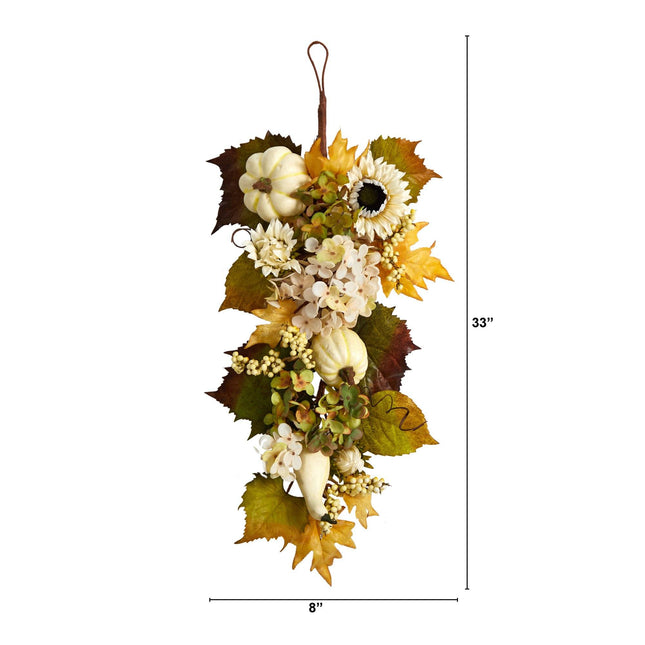 33” Fall Sunflower, Hydrangea and White Pumpkin Artificial Autumn Teardrop by Nearly Natural