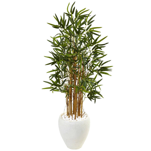 4’ Bamboo Tree in White Oval Planter by Nearly Natural